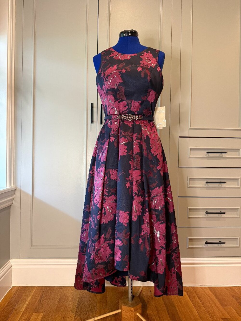 NWT Eliza J high-low floral gown with embellished belt and pockets, size 10